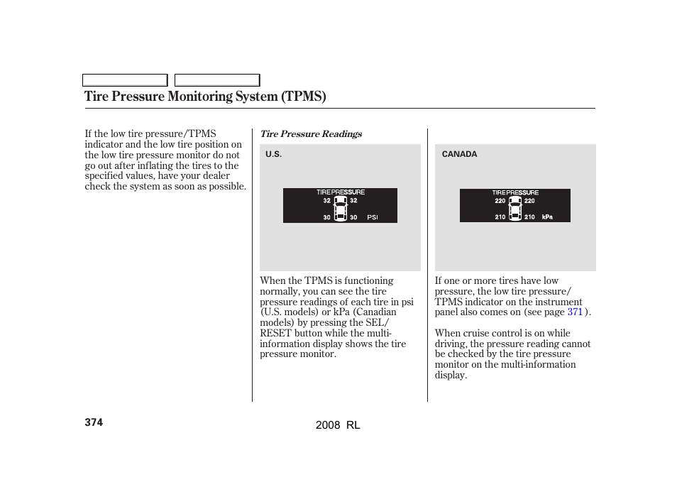 Tire pressure monitoring system (tpms) | Acura 2008 RL User Manual | Page 377 / 500