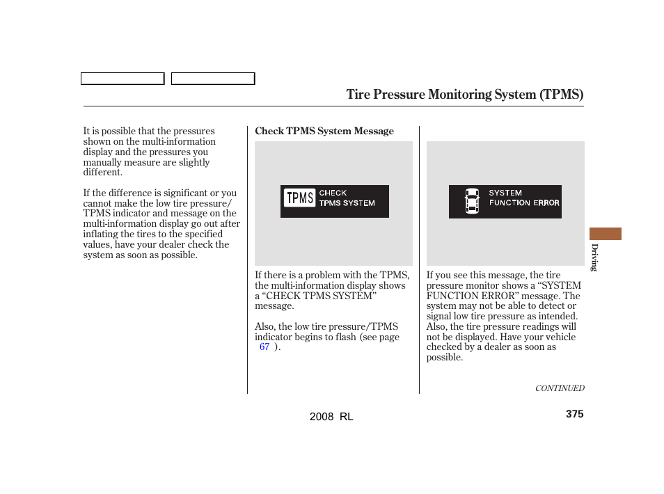 Tire pressure monitoring system (tpms) | Acura 2008 RL User Manual | Page 378 / 500