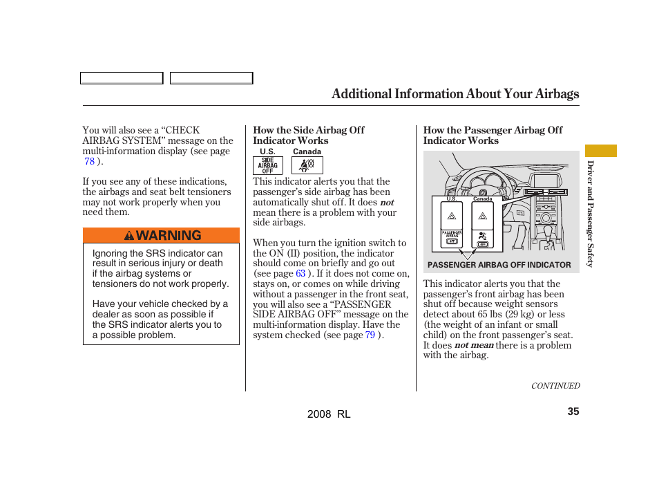 Additional information about your airbags | Acura 2008 RL User Manual | Page 38 / 500