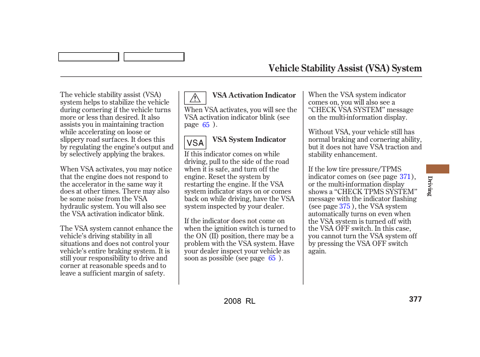 Vehicle stability assist (vsa) system | Acura 2008 RL User Manual | Page 380 / 500