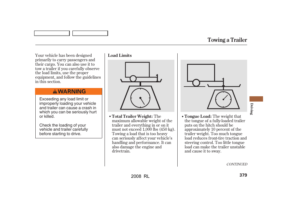 Towing a trailer | Acura 2008 RL User Manual | Page 382 / 500