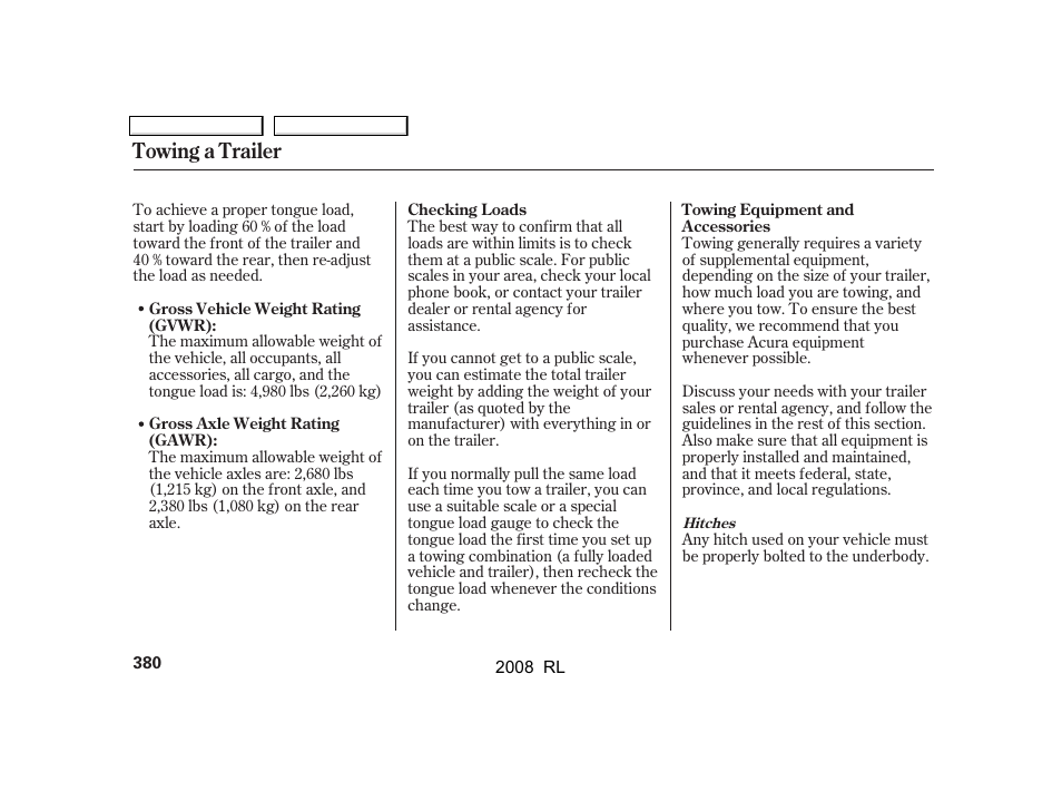 Towing a trailer | Acura 2008 RL User Manual | Page 383 / 500