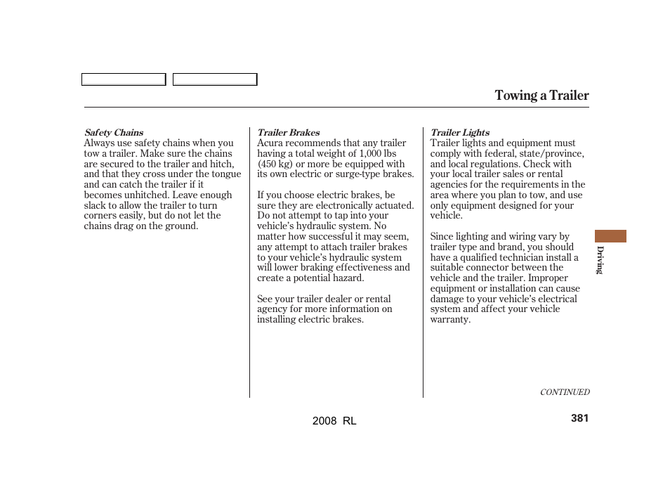 Towing a trailer | Acura 2008 RL User Manual | Page 384 / 500