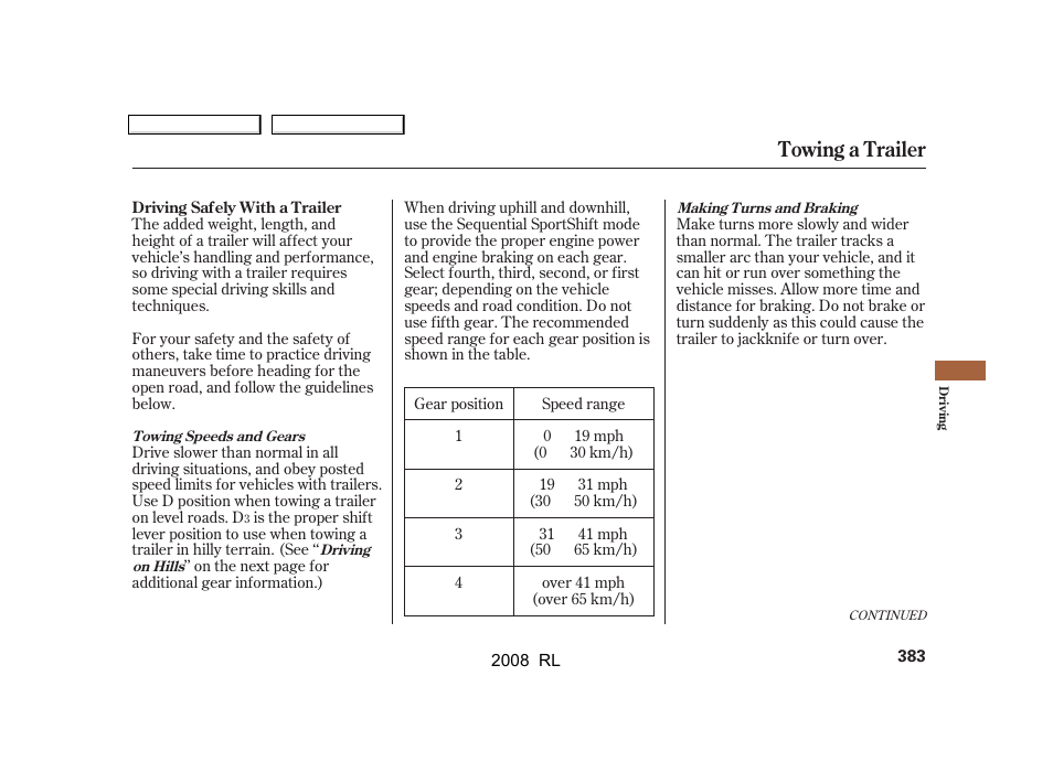 Towing a trailer | Acura 2008 RL User Manual | Page 386 / 500