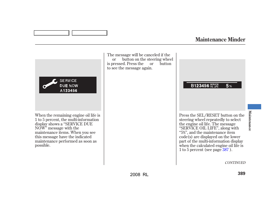 Maintenance minder | Acura 2008 RL User Manual | Page 392 / 500