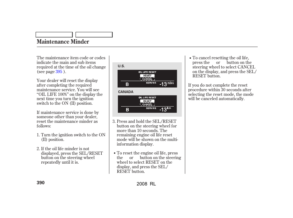 Maintenance minder | Acura 2008 RL User Manual | Page 393 / 500