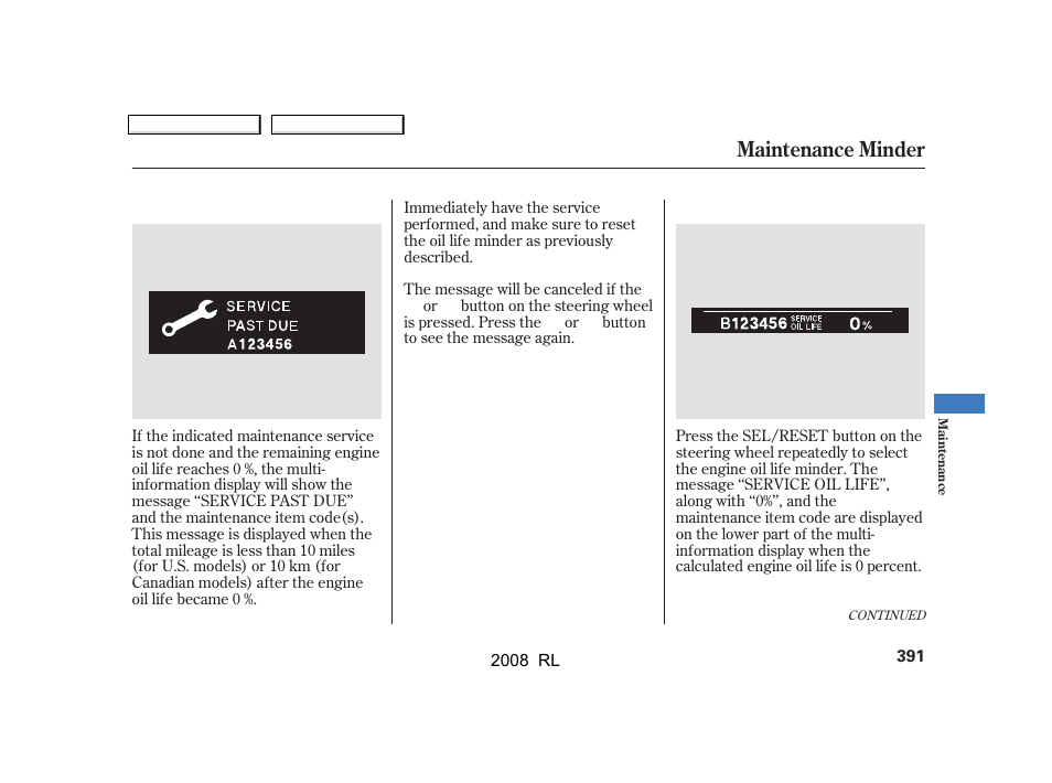 Maintenance minder | Acura 2008 RL User Manual | Page 394 / 500