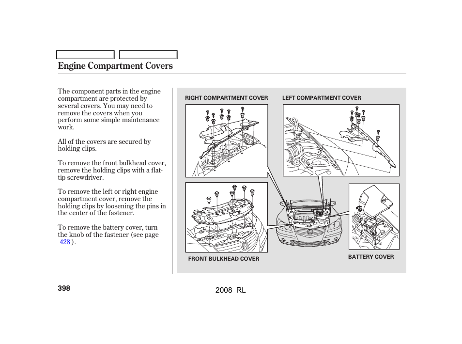 Engine compartment covers | Acura 2008 RL User Manual | Page 401 / 500