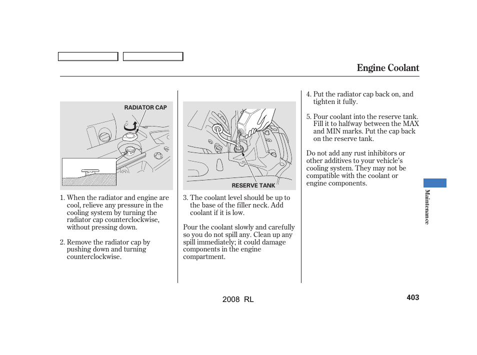 Engine coolant | Acura 2008 RL User Manual | Page 406 / 500