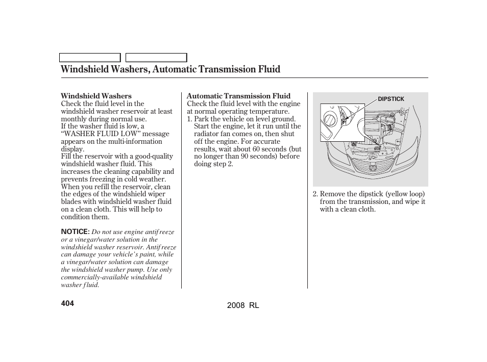 Windshield washers, automatic transmission fluid | Acura 2008 RL User Manual | Page 407 / 500
