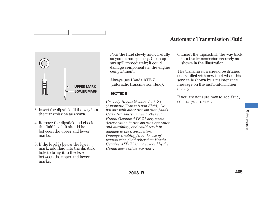 Automatic transmission fluid | Acura 2008 RL User Manual | Page 408 / 500