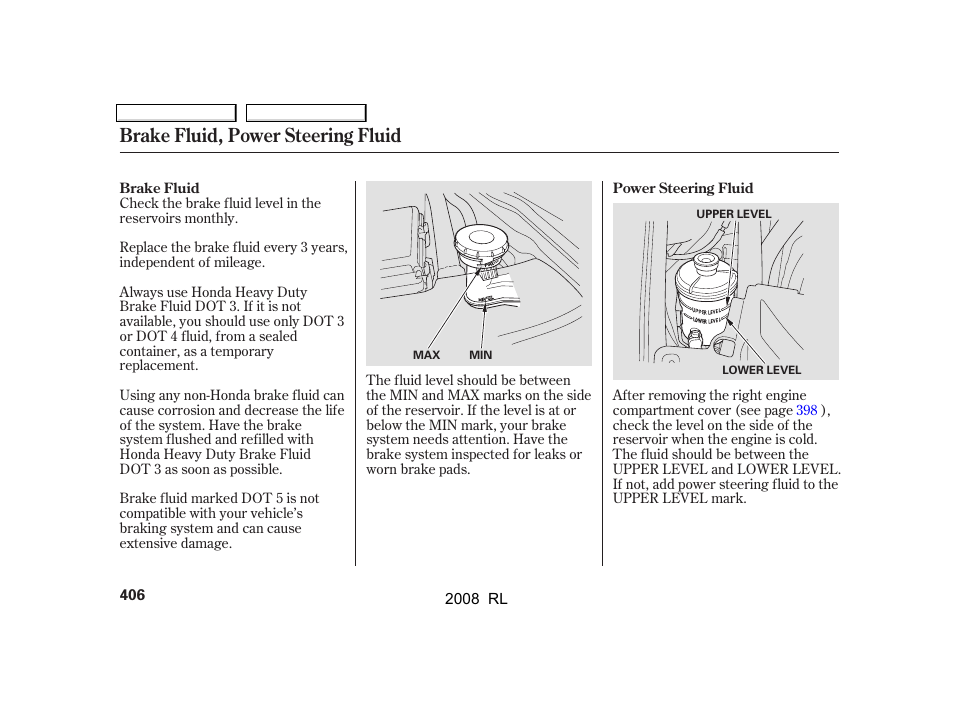 Brake fluid, power steering fluid | Acura 2008 RL User Manual | Page 409 / 500