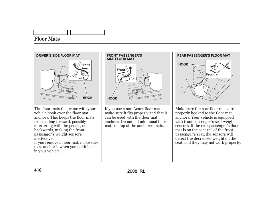 Floor mats | Acura 2008 RL User Manual | Page 419 / 500