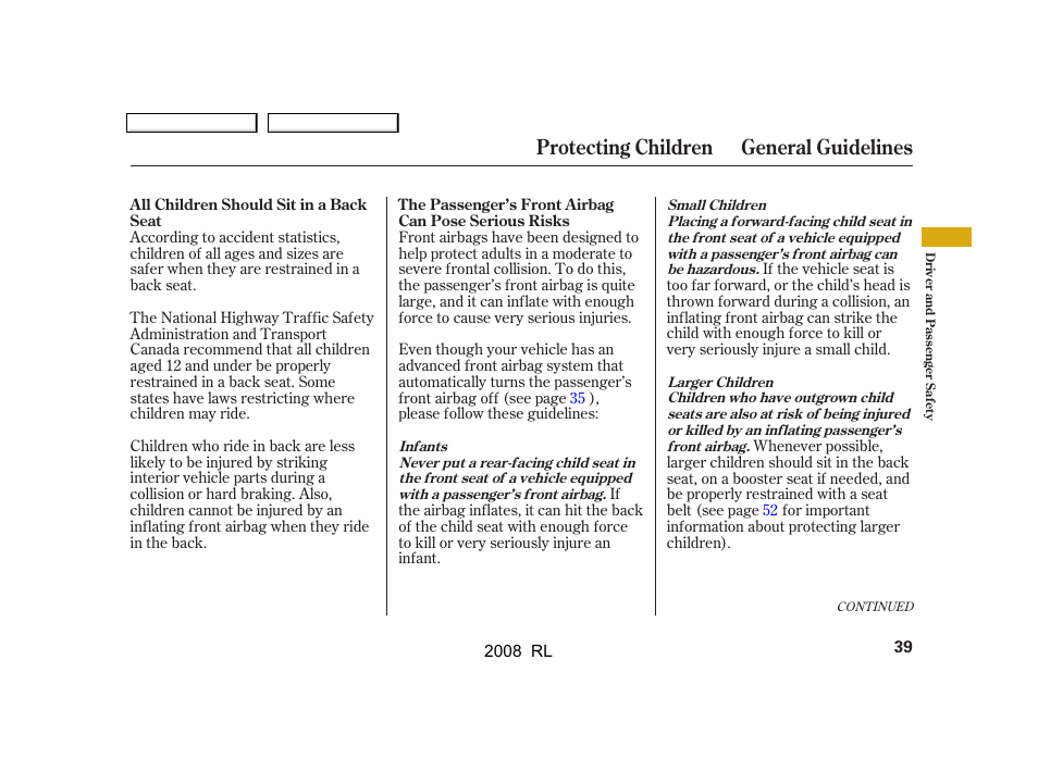 Protecting children general guidelines | Acura 2008 RL User Manual | Page 42 / 500