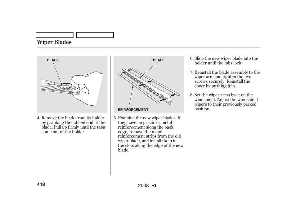 Wiper blades | Acura 2008 RL User Manual | Page 421 / 500