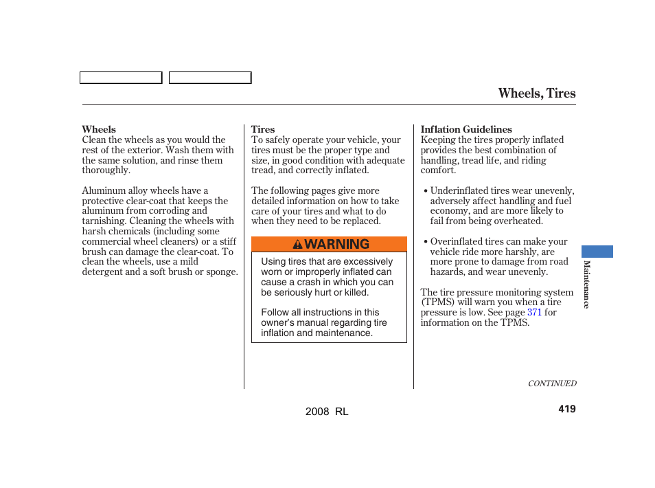 Wheels, tires | Acura 2008 RL User Manual | Page 422 / 500
