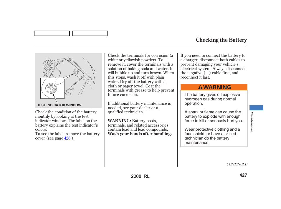 Checking the battery | Acura 2008 RL User Manual | Page 430 / 500