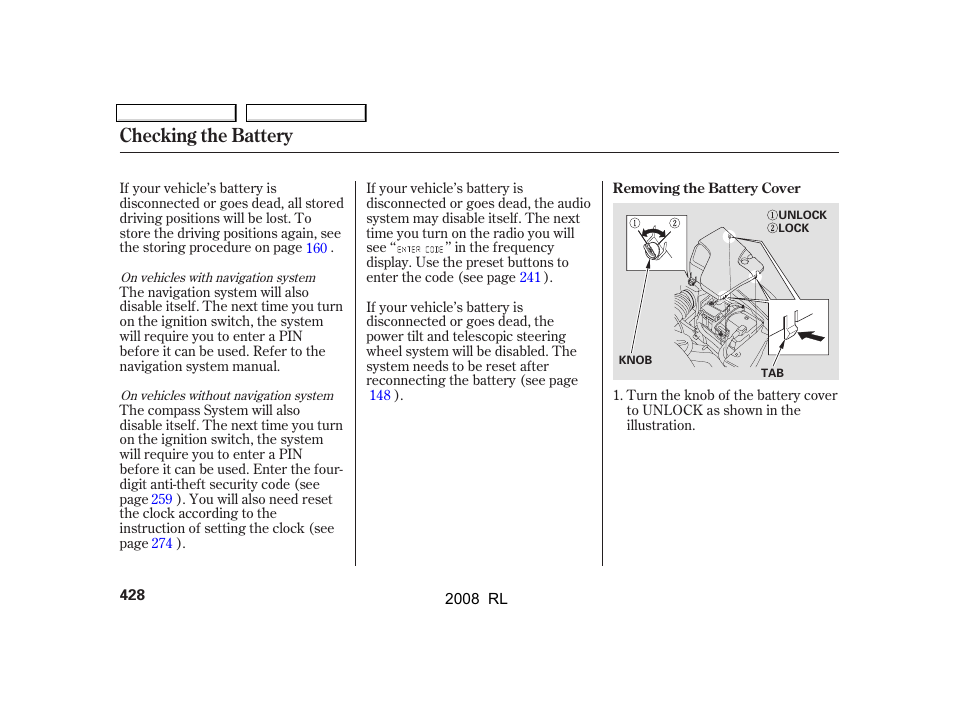 Checking the battery | Acura 2008 RL User Manual | Page 431 / 500