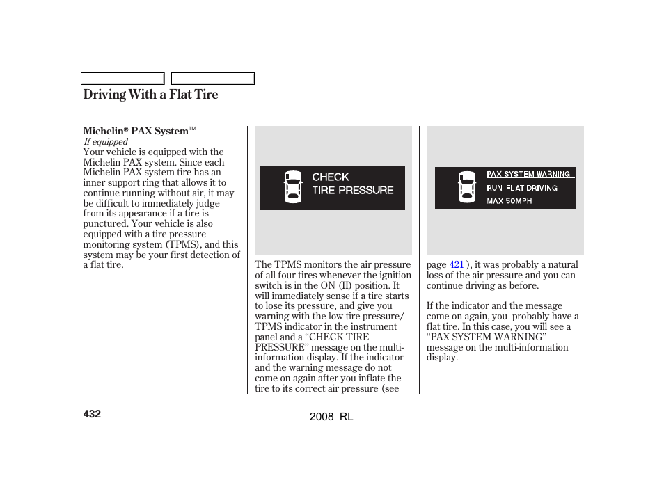 Driving with a flat tire | Acura 2008 RL User Manual | Page 435 / 500