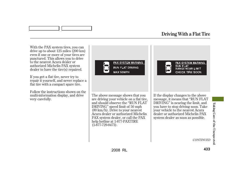 Driving with a flat tire | Acura 2008 RL User Manual | Page 436 / 500