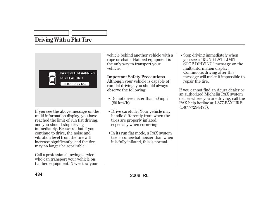 Driving with a flat tire | Acura 2008 RL User Manual | Page 437 / 500