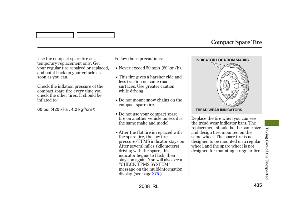 Compact spare tire | Acura 2008 RL User Manual | Page 438 / 500