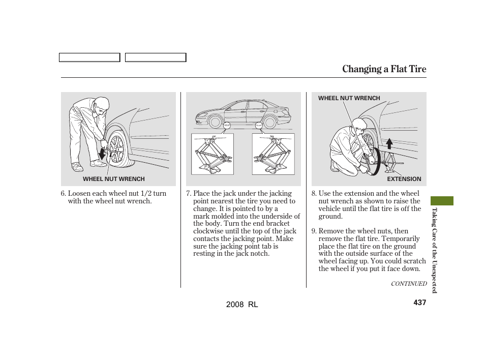 Changing a flat tire | Acura 2008 RL User Manual | Page 440 / 500