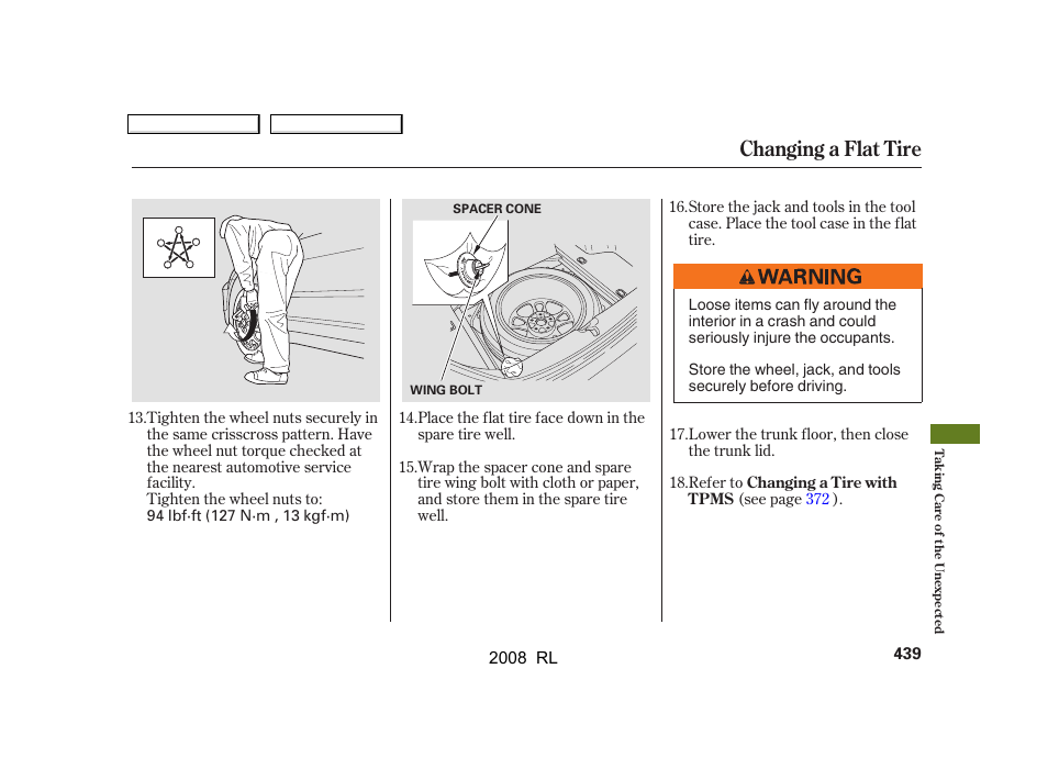 Changing a flat tire | Acura 2008 RL User Manual | Page 442 / 500