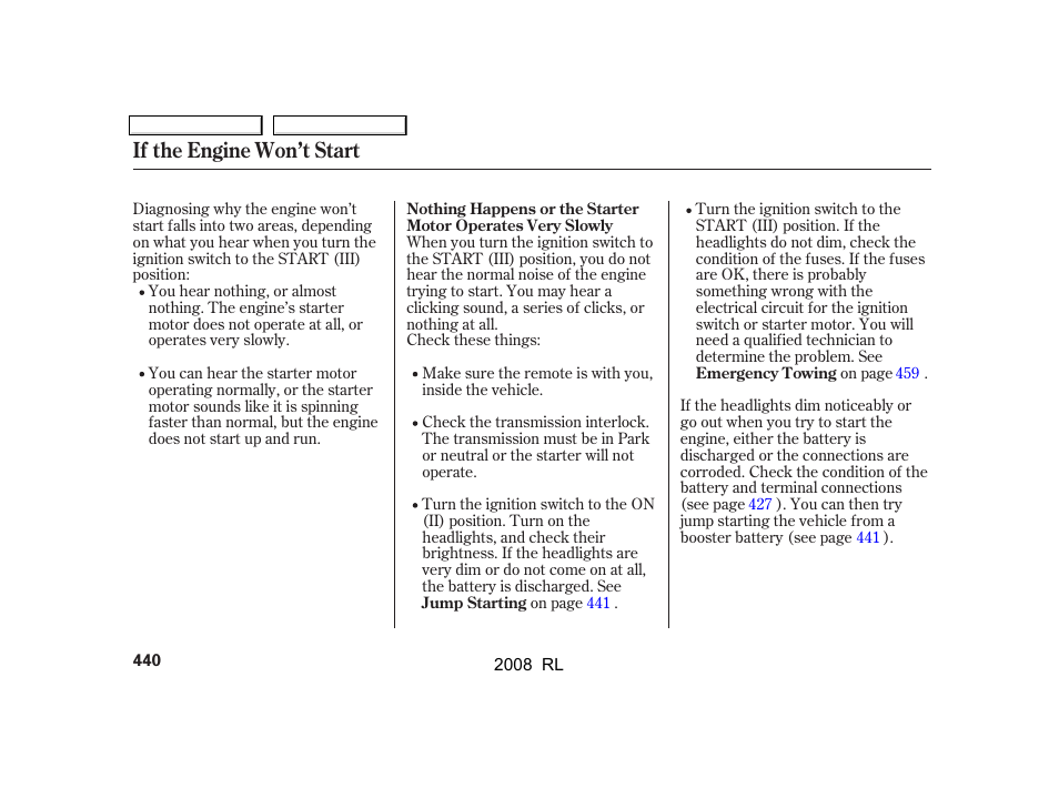 If the engine won’t start | Acura 2008 RL User Manual | Page 443 / 500