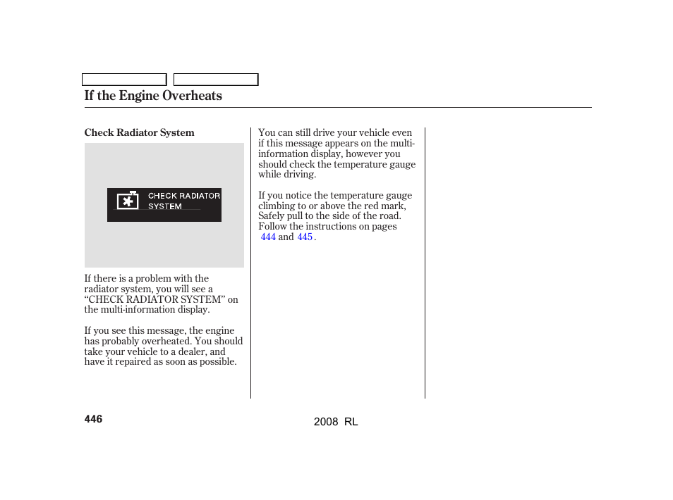 If the engine overheats | Acura 2008 RL User Manual | Page 449 / 500