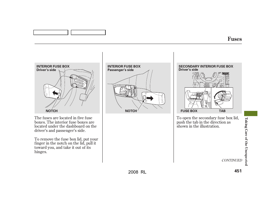 Fuses | Acura 2008 RL User Manual | Page 454 / 500