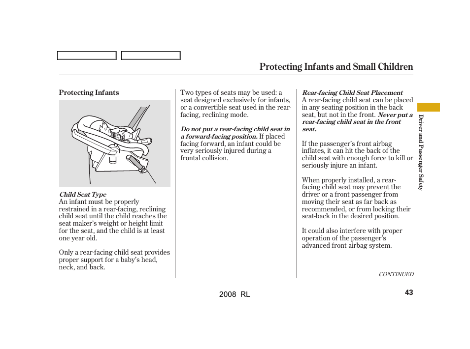 Protecting infants and small children | Acura 2008 RL User Manual | Page 46 / 500
