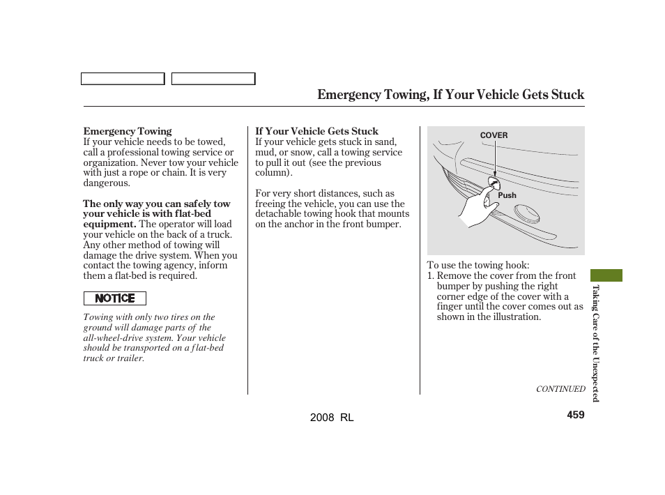 Emergency towing, if your vehicle gets stuck | Acura 2008 RL User Manual | Page 462 / 500