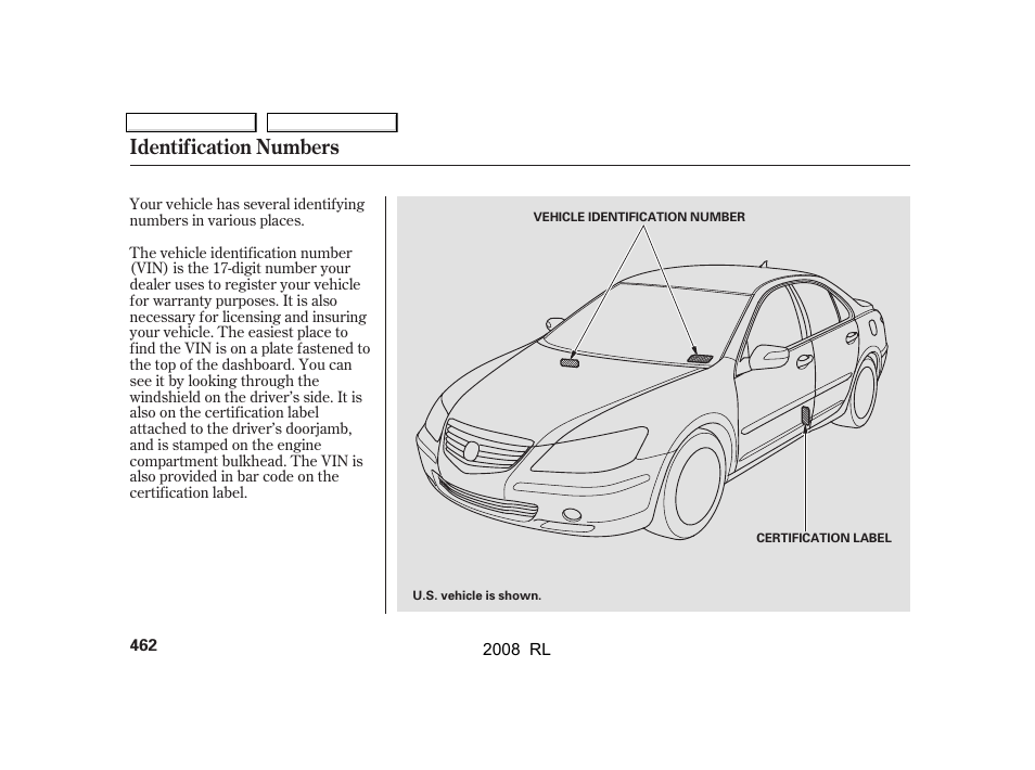 Identification numbers | Acura 2008 RL User Manual | Page 465 / 500