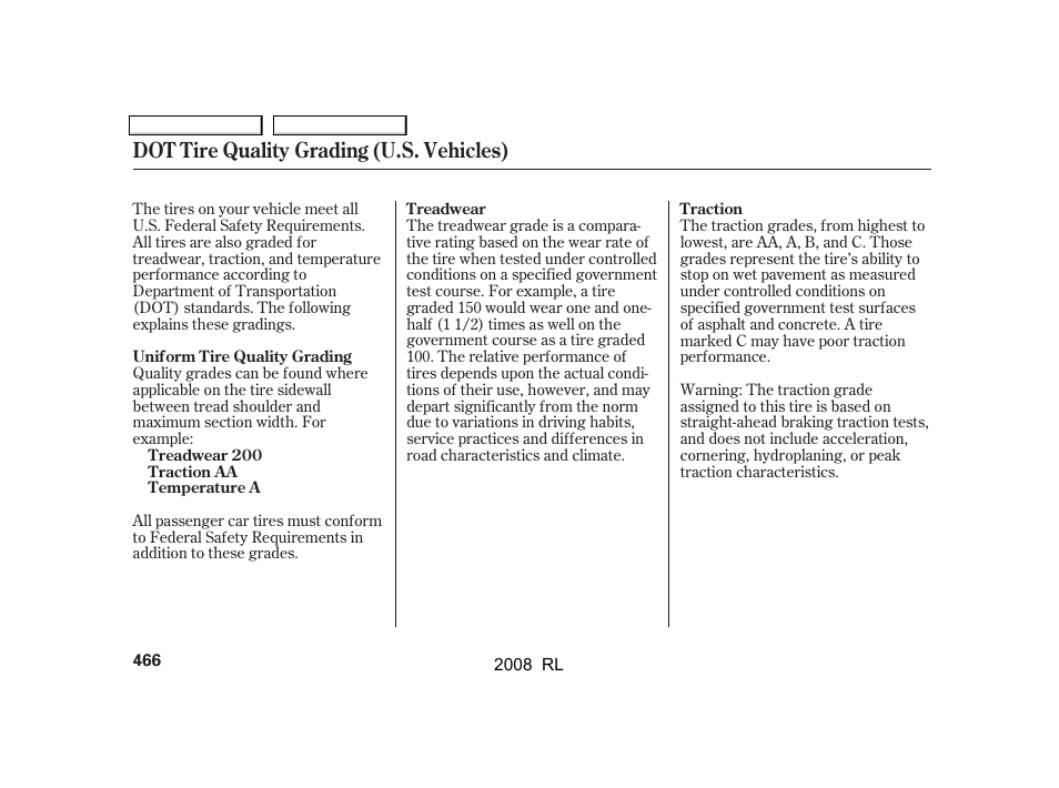 Dot tire quality grading (u.s. vehicles) | Acura 2008 RL User Manual | Page 469 / 500