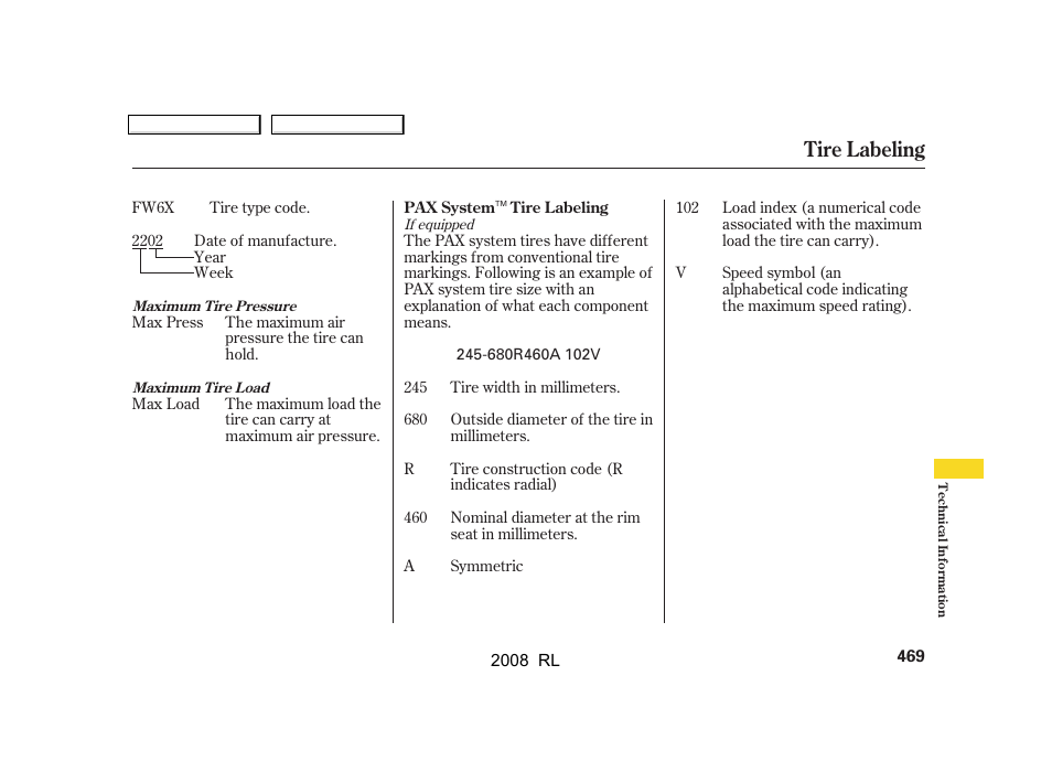 Tire labeling | Acura 2008 RL User Manual | Page 472 / 500