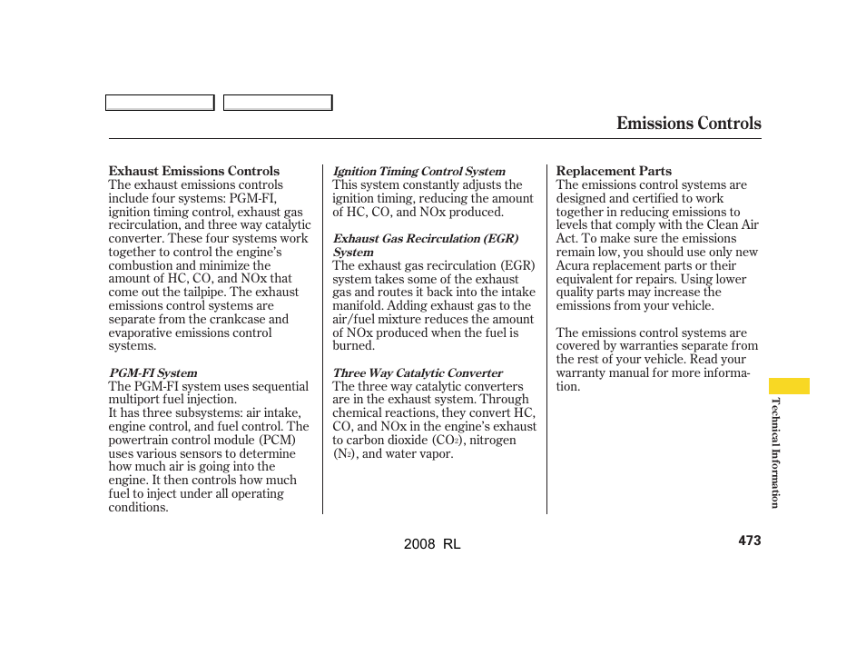 Emissions controls | Acura 2008 RL User Manual | Page 476 / 500