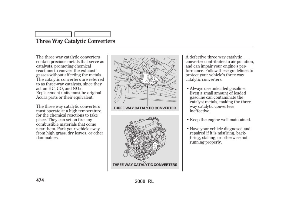 Three way catalytic converters | Acura 2008 RL User Manual | Page 477 / 500