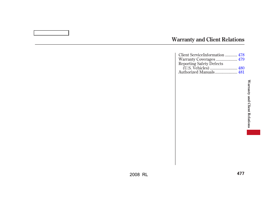 Warranty and client relations | Acura 2008 RL User Manual | Page 480 / 500