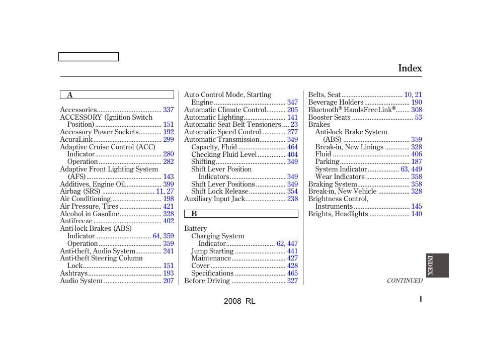 Index | Acura 2008 RL User Manual | Page 486 / 500