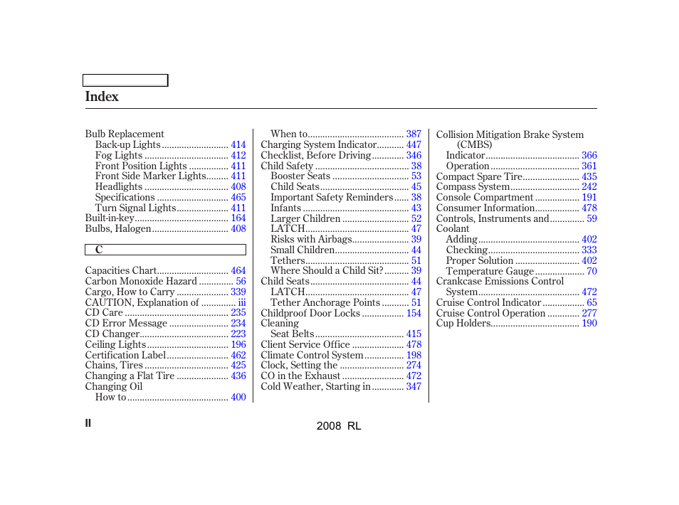 Index | Acura 2008 RL User Manual | Page 487 / 500