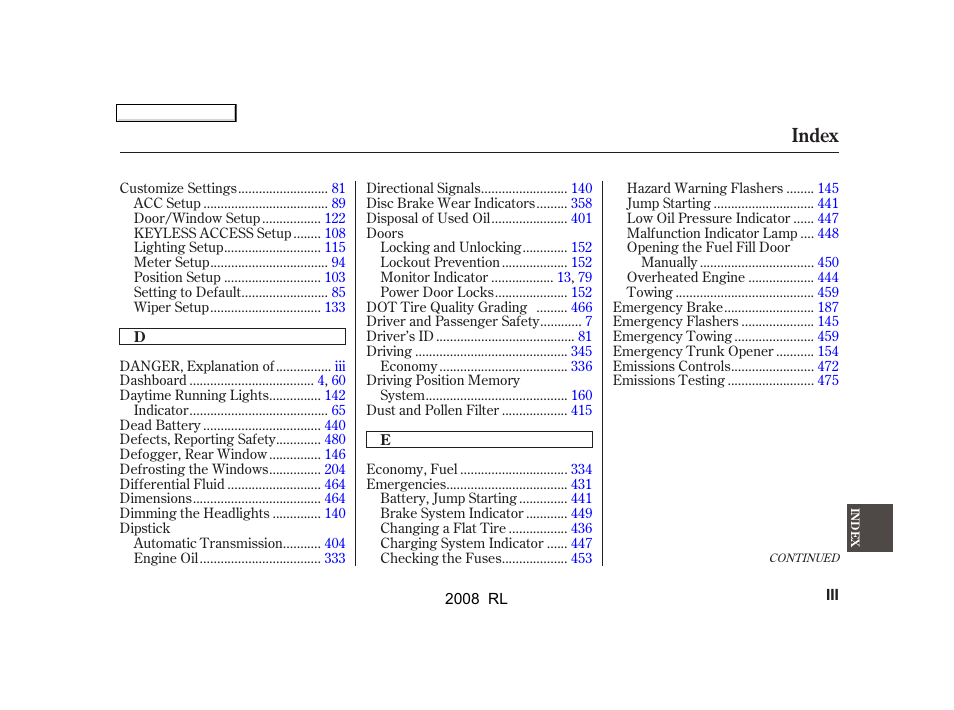 Index | Acura 2008 RL User Manual | Page 488 / 500