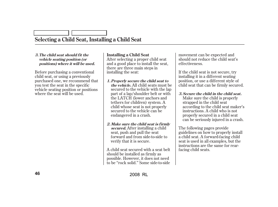Selecting a child seat, installing a child seat | Acura 2008 RL User Manual | Page 49 / 500