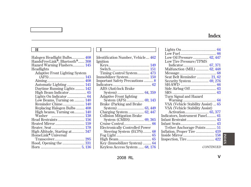 Index | Acura 2008 RL User Manual | Page 490 / 500