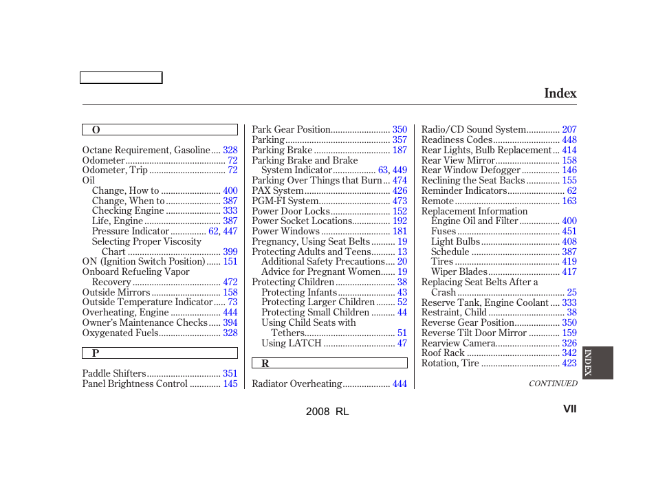 Index | Acura 2008 RL User Manual | Page 492 / 500