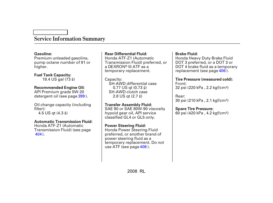Service information summary | Acura 2008 RL User Manual | Page 499 / 500