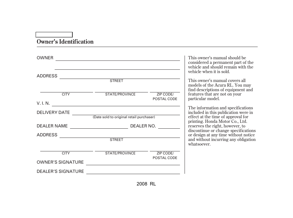 Owner’s identification | Acura 2008 RL User Manual | Page 500 / 500