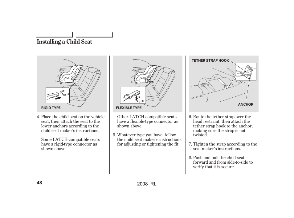Installing a child seat | Acura 2008 RL User Manual | Page 51 / 500