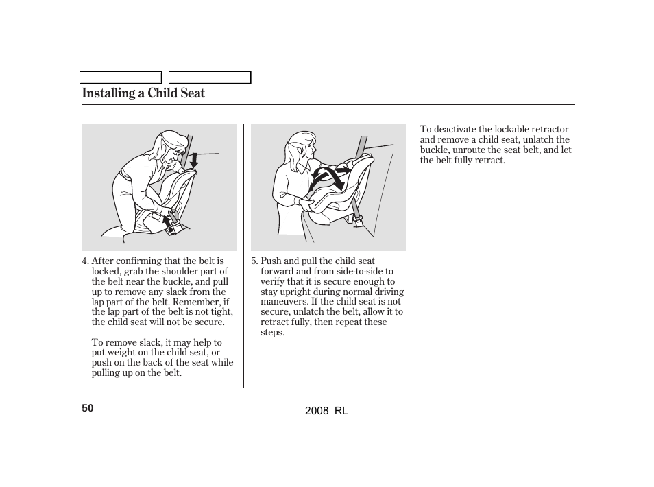 Installing a child seat | Acura 2008 RL User Manual | Page 53 / 500