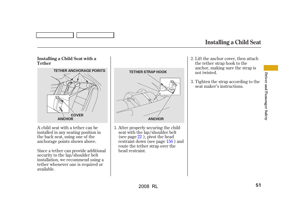 Installing a child seat | Acura 2008 RL User Manual | Page 54 / 500